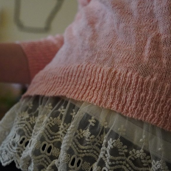 Cotton Blende Peach Orange Lace Edge Lightweight Layering Sweater - Picture 3 of 4